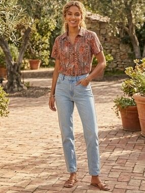 Erika Tribal Geometric Button Down Shirt Brown Orange Size Large